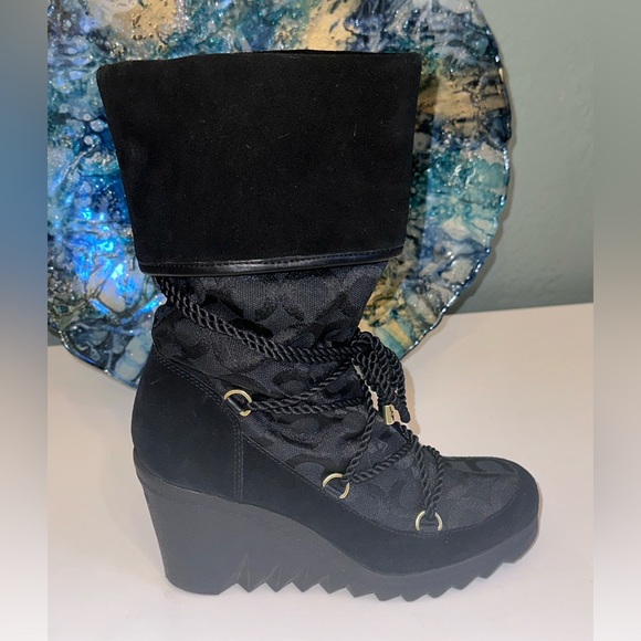 Like New Coach Maisy Leather Suede Signature C Wedge Heel Boots 7B - Picture 5 of 13